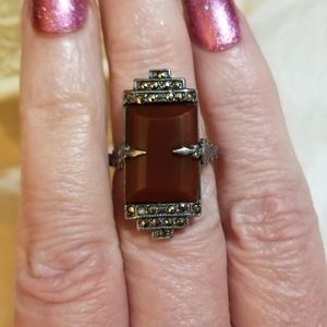 1920s Carnelian Marcasite Sterling Art Deco Ring